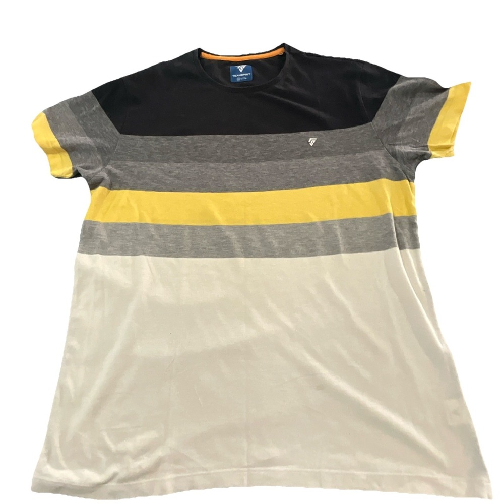 Teamspirit Black Gray Yellow Striped Men's Crew Neck T-Shirt Size XL
